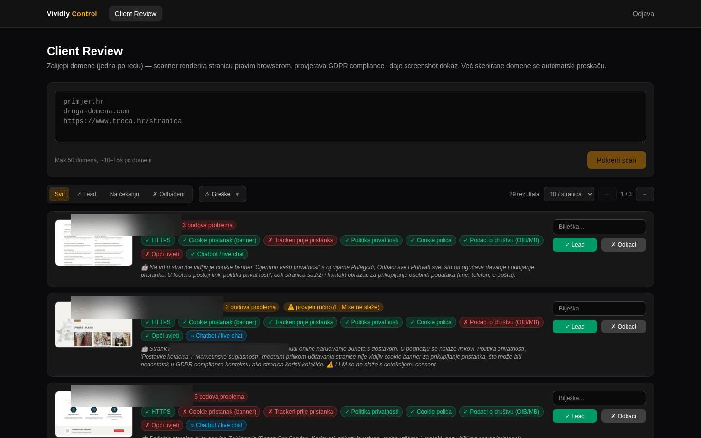 Vividly GDPR scanner — pregled skeniranih stranica s rezultatima provjera i AI analizom
