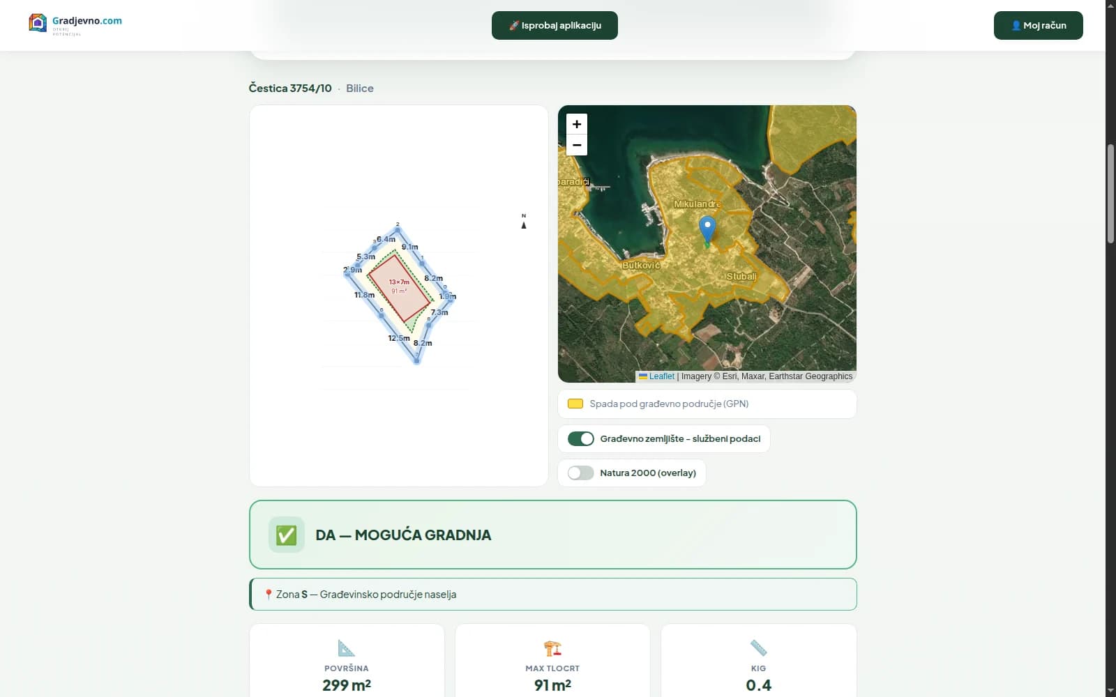 PPUO zone preslikane na parcelu — snimak sučelja gradjevno.com