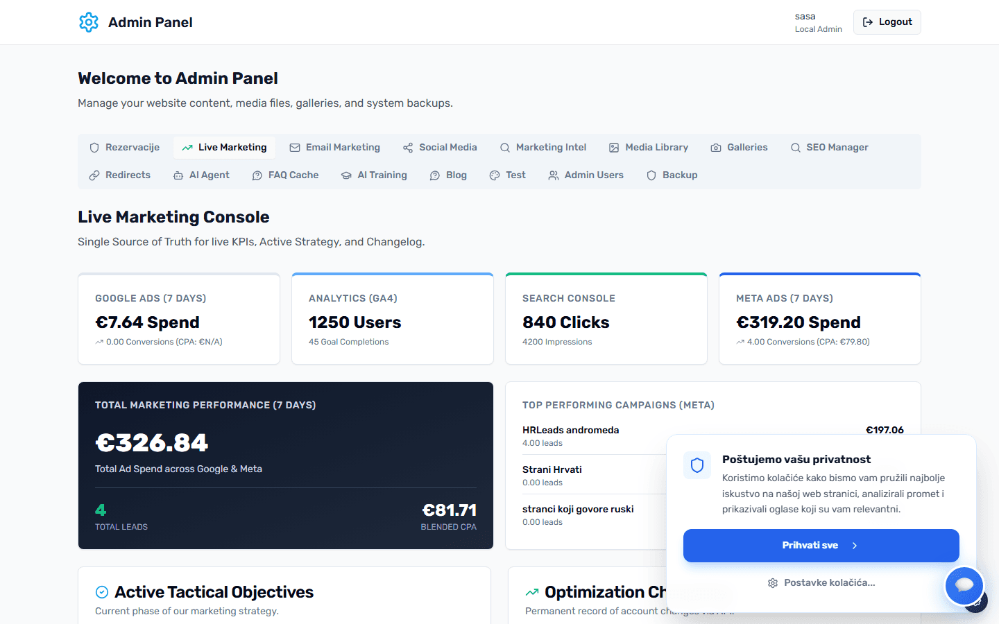 Ads API Integracija - Admin Panel Preview